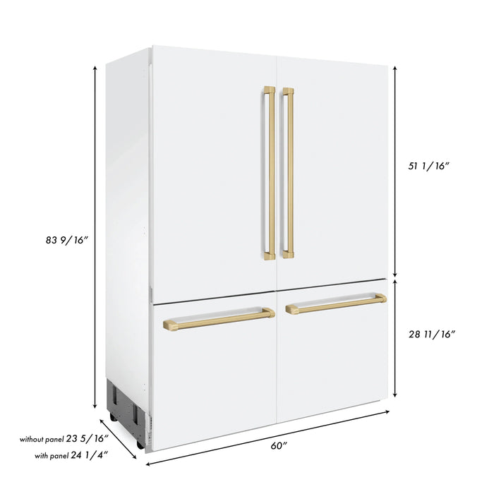 ZLINE 60" Built-In 4-Door French Door Refrigerator in White Matte with Champagne Bronze Accents, RBIVZ-WM-60-CB