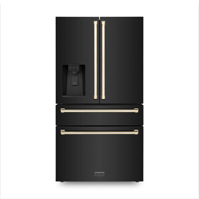 ZLINE Autograph Package - 48" Dual Fuel Range, Range Hood, Refrigerator, Dishwasher in Black Stainless, Gold Accents