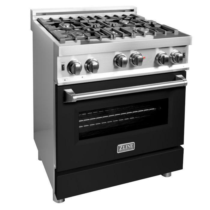 ZLINE 30 in. Gas Range with Black Matte Door & 30 in. Range Hood Appliance Package, 2KP-RGBLMRH30