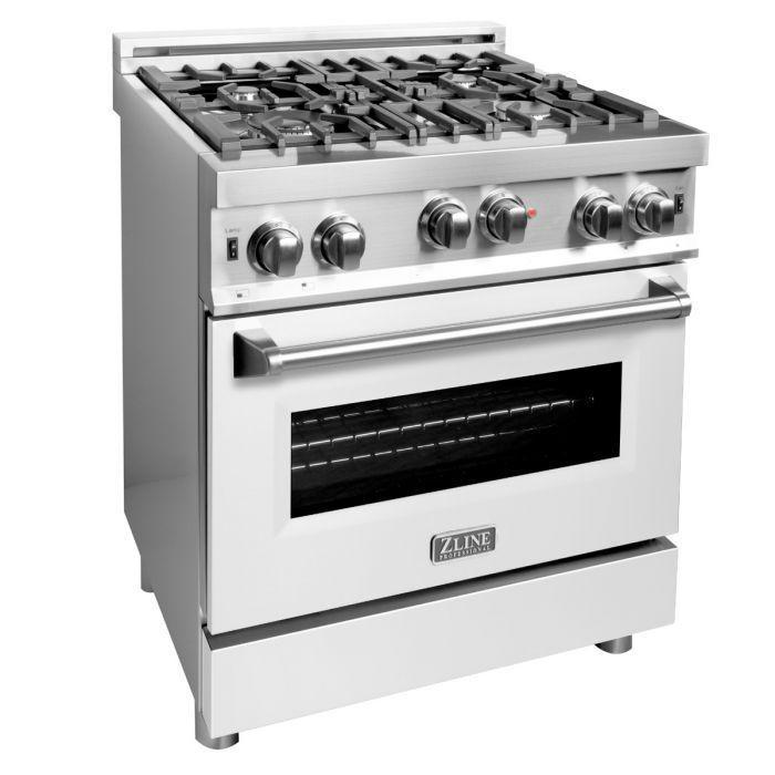 ZLINE 30 in. Gas Range with White Matte Door & 30 in. Range Hood Appliance Package, 2KP-RGWMRH30