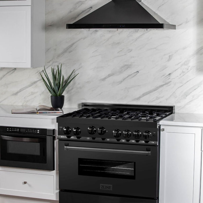 ZLINE Bundle - 36" Dual Fuel Range, Range Hood, Microwave, Dishwasher in Black Stainless Steel,