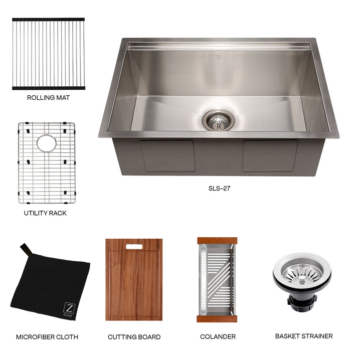 ZLINE 27" Garmisch Undermount Single Bowl Stainless Steel Kitchen Sink with Bottom Grid and Accessories, SLS-27