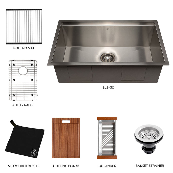 ZLINE 30" Garmisch Undermount Single Bowl Stainless Steel Kitchen Sink with Bottom Grid and Accessories, SLS-30