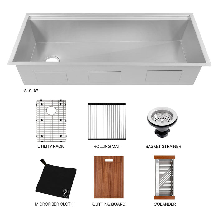 ZLINE 43" Garmisch Undermount Single Bowl Kitchen Sink in Stainless Steel with Bottom Grid and Accessories, SLS-43