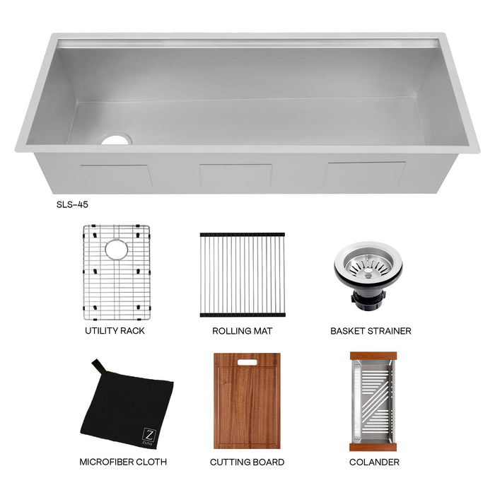 ZLINE 45" Garmisch Undermount Single Bowl Kitchen Sink in Stainless Steel with Bottom Grid and Accessories, SLS-45