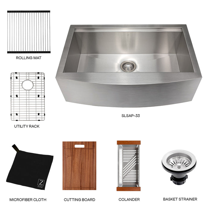 ZLINE 33" Moritz Farmhouse Apron Mount Single Bowl Kitchen Sink in Stainless Steel with Bottom Grid and Accessories, SLSAP-33