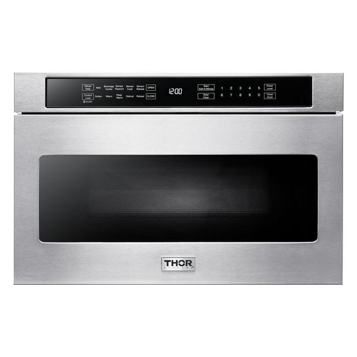 Thor Kitchen Appliance Package - 36 In. Gas Range, Range Hood, Microwave Drawer, Refrigerator with Water and Ice Dispenser, Dishwasher, Wine Cooler, AP-HRG3618U-14