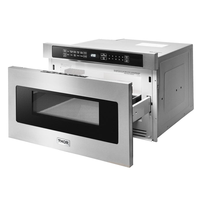 Thor Kitchen Appliance Package - 30 In. Gas Burner/Electric Oven Range, Range Hood, Microwave Drawer, Refrigerator with Water and Ice Dispenser, Dishwasher, Wine Cooler, AP-HRD3088U-14