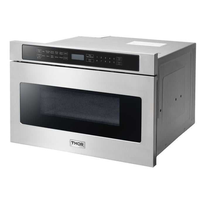 Thor Kitchen Appliance Package - 36 In. Electric Range, Range Hood, Microwave Drawer, Refrigerator with Water and Ice Dispenser, Dishwasher, Wine Cooler, AP-HRE3601-14