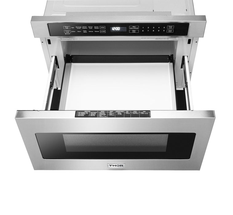 Thor Kitchen Appliance Package - 36 in. Natural Gas Range, Range Hood, Microwave Drawer, AP-LRG3601U-5