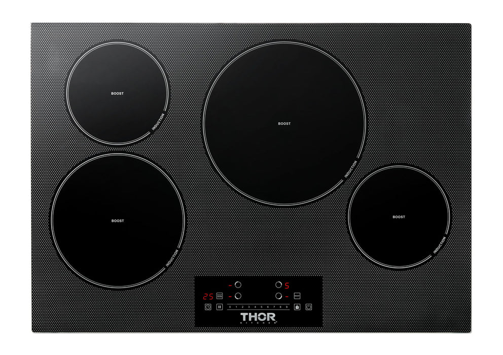 Thor Kitchen Appliance Package - 30 In. Induction Cooktop, Range Hood, Microwave Drawer, Refrigerator with Water and Ice Dispenser, Dishwasher, Wine Cooler, AP-TIH30-W-10