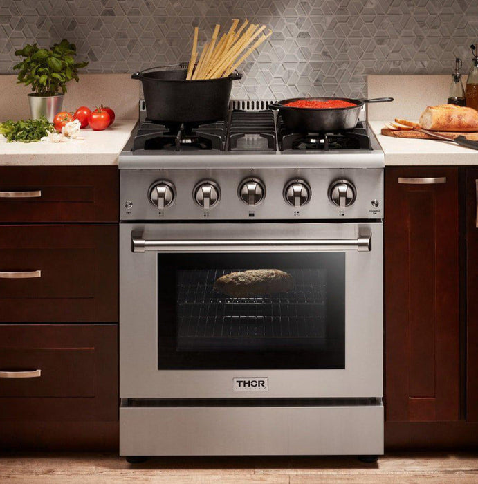 Thor Kitchen Package - 30 In. Natural Gas Burner/Electric Oven Range, Range Hood, Microwave Drawer, Refrigerator with Water and Ice Dispenser, Dishwasher, Wine Cooler, AP-HRD3088U-W-14