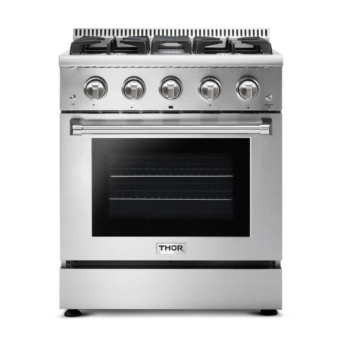 Thor Kitchen Appliance Package - 30 In. Gas Range, Range Hood, Refrigerator with Water and Ice Dispenser, Dishwasher, Wine Cooler, AP-HRG3080U-W-8