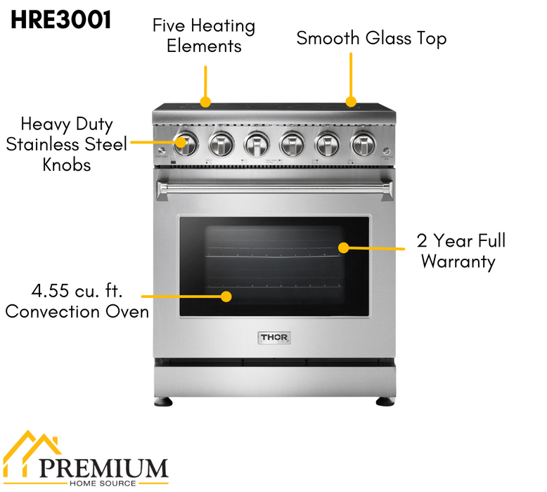 Thor Kitchen Appliance Package - 30 In. Electric Range, Counter-Depth Refrigerator, Dishwasher, AP-HRE3001-15