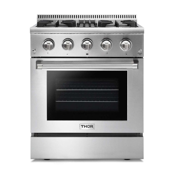 Thor Kitchen Package - 30 In. Natural Gas Burner/Electric Oven Range, Range Hood, Refrigerator, Dishwasher, Wine Cooler, AP-HRD3088U-W-12