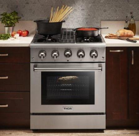 Thor Kitchen Package - 30 In. Propane Gas Burner/Electric Oven Range, Range Hood, Refrigerator, Dishwasher, AP-HRD3088ULP-W-11