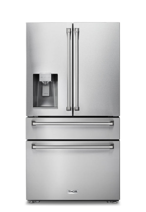 Thor Kitchen Appliance Package - 36 in. Natural Gas Range, Microwave Drawer, Refrigerator with Water and Ice Dispenser, Dishwasher, AP-HRG3618U-12
