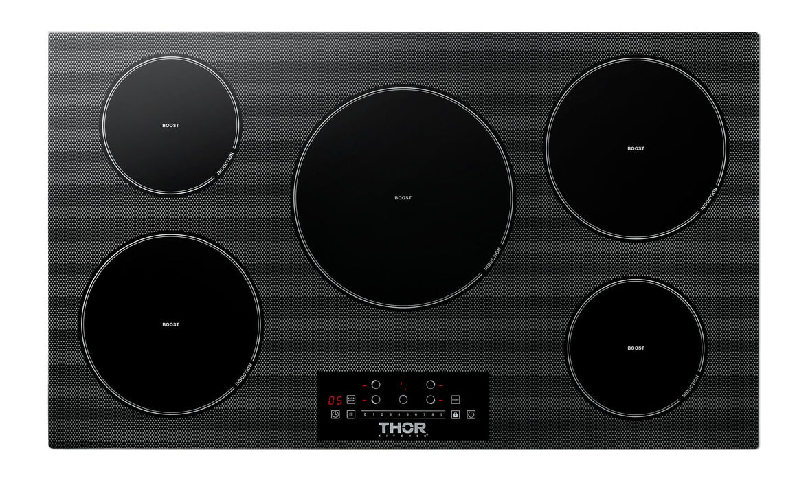 Thor Kitchen Appliance Package - 36 In. Induction Cooktop, Range Hood, Refrigerator with Water and Ice Dispenser, Dishwasher, Wine Cooler, AP-TIH36-11