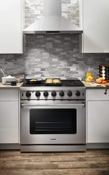 Thor Kitchen Appliance Package - 36 in. Natural Gas Range, Range Hood, Microwave Drawer, AP-LRG3601U-5