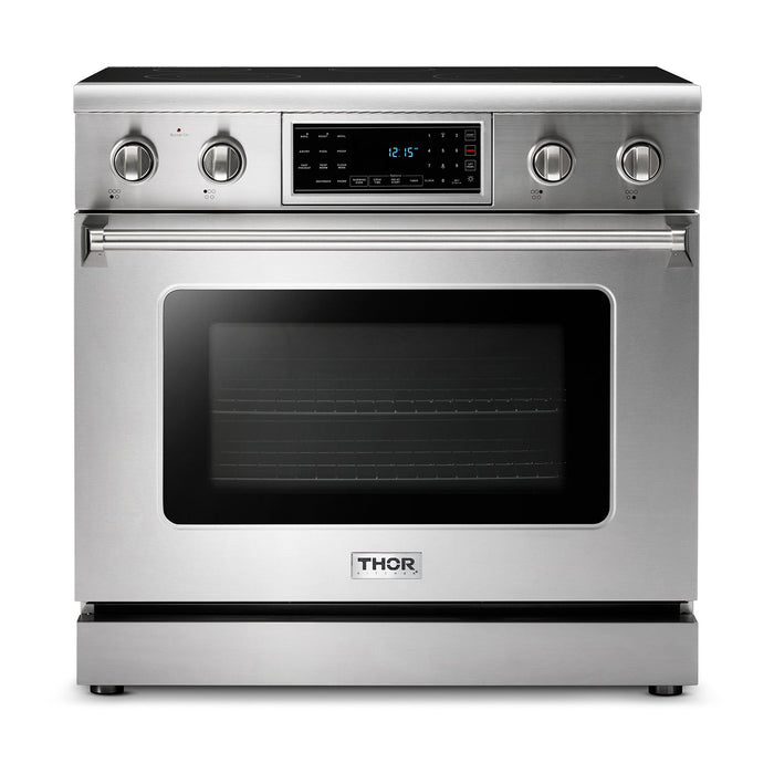 Thor Kitchen Appliance Package - 36 In. Electric Range, Range Hood, Refrigerator, Dishwasher, Wine Cooler, AP-TRE3601-4