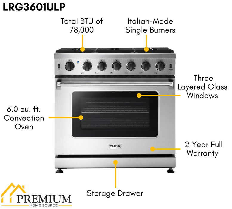 Thor Kitchen 36" Propane Gas Range in Stainless Steel, LRG3601ULP