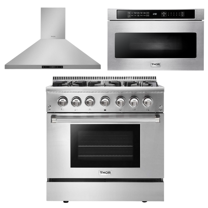 Thor Kitchen Appliance Package - 36 in. Gas Burner/Electric Oven Range, Range Hood, Microwave Drawer, AP-HRD3606U-5