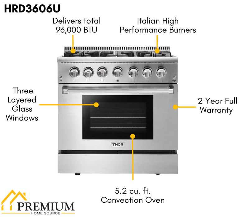 Thor Kitchen Appliance Package - 36 in. Gas Burner/Electric Oven Range, Range Hood, Microwave Drawer, AP-HRD3606U-5