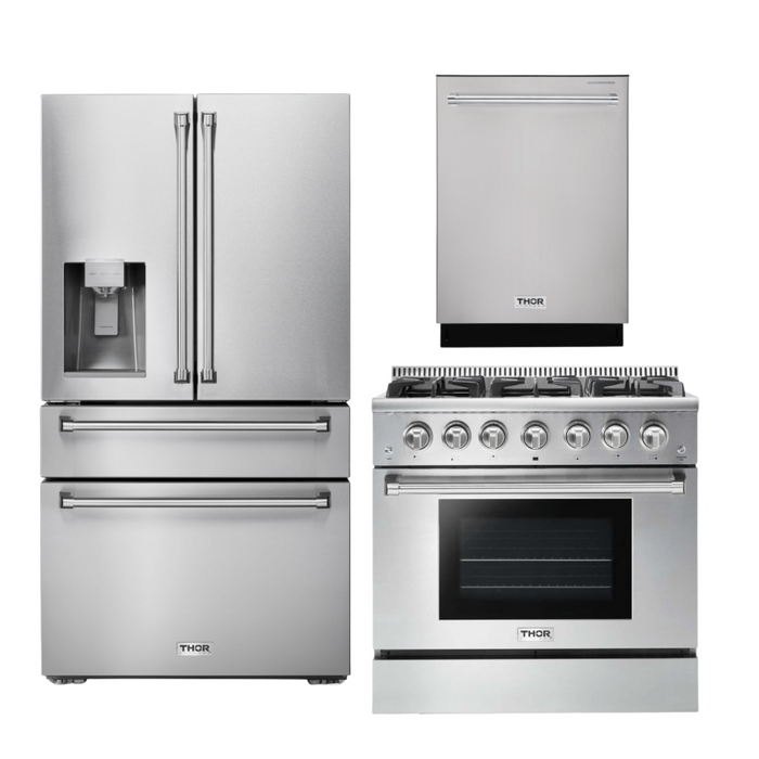 Thor Kitchen Appliance Package - 36 In. Natural Gas Range, Refrigerator with Water and Ice Dispenser, Dishwasher, AP-HRG3618U-9