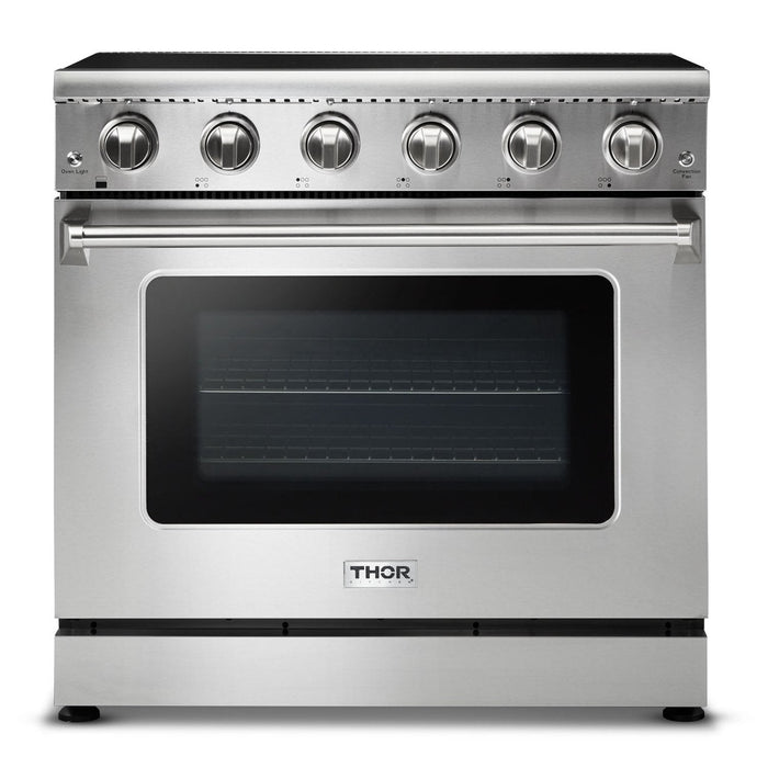Thor Kitchen Appliance Package - 36 in. Electric Range, Microwave Drawer, Refrigerator with Water and Ice Dispenser, Dishwasher, AP-HRE3601-12