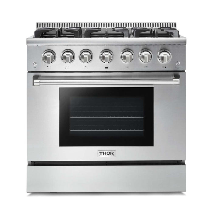 Thor Kitchen Appliance Package - 36 In. Propane Gas Range, Range Hood, Refrigerator, Dishwasher, Wine Cooler, AP-HRG3618ULP-17