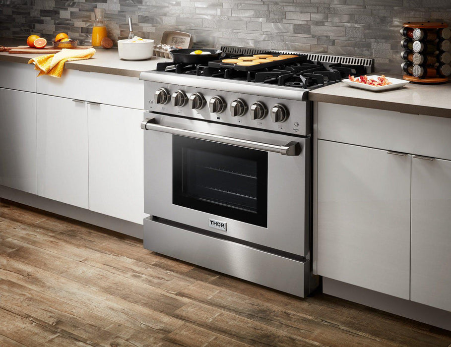 Thor Kitchen Appliance Package - 36 In. Gas Range, Range Hood, Refrigerator, Dishwasher, Wine Cooler, AP-HRG3618U-W-12