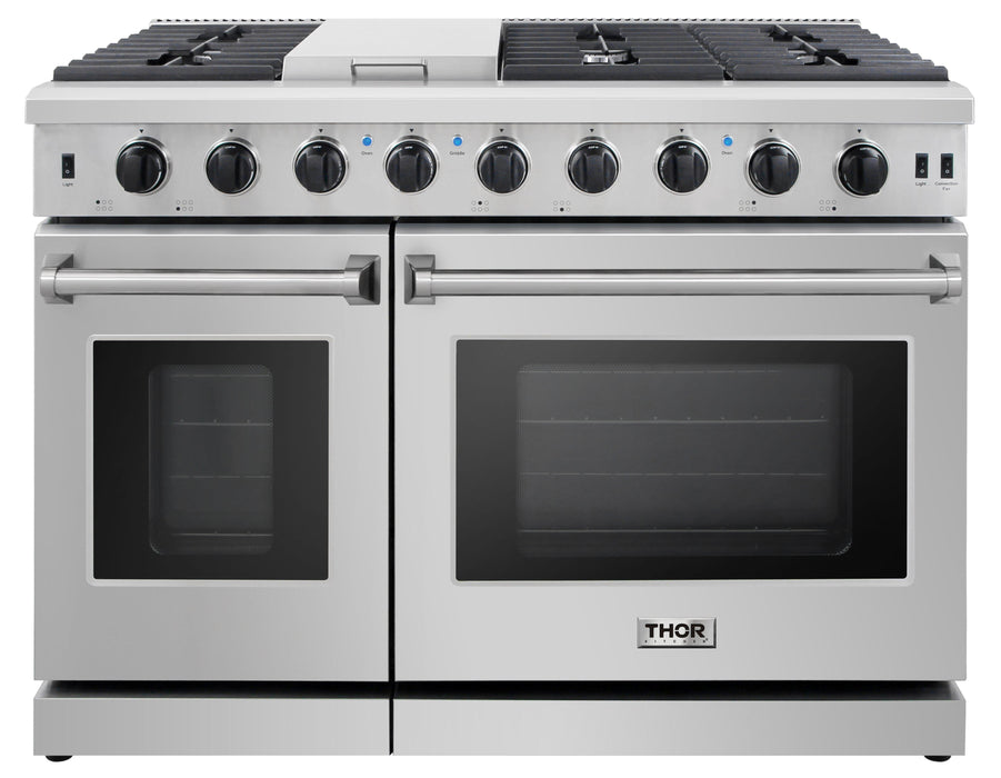 Thor Kitchen Appliance Bundle - 48 In. Propane Gas Range, Range Hood, Refrigerator with Water and Ice Dispenser, Dishwasher, Wine Cooler, AB-LRG4807ULP-W-8