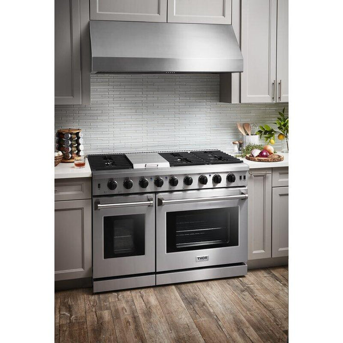 Thor Kitchen Appliance Package - 48 in. Propane Gas Range, Wall Mount Range Hood, AP-LRG4807ULP-W