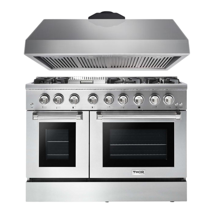 Thor Kitchen Appliance Package - 48 inch Propane Gas Burner/Electric Oven Range, Range Hood, AP-HRD4803ULP