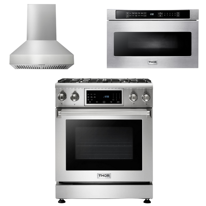 Thor Kitchen Appliance Package - 30 In. Gas Range, Range Hood, Microwave Drawer, AP-TRG3001-W-4