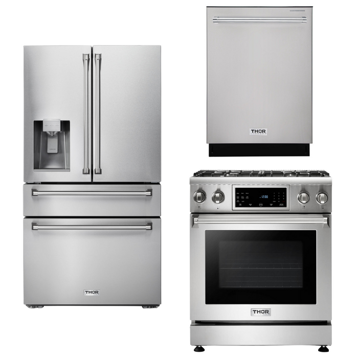 Thor Kitchen Appliance Package - 30 In. Natural Gas Range, Refrigerator with Water and Ice Dispenser, Dishwasher, AP-TRG3001-9