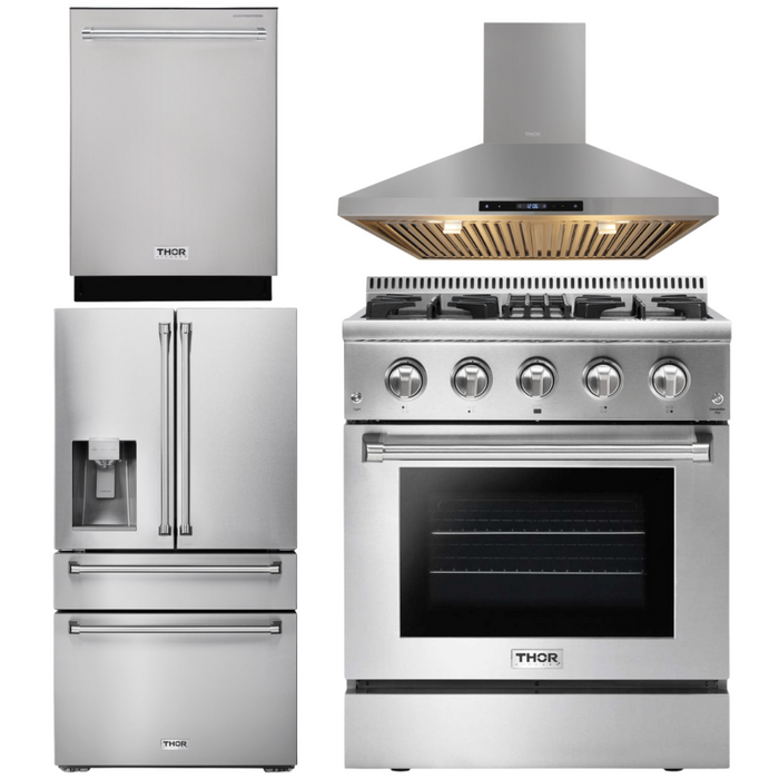 Thor Kitchen Appliance Package - 30 In. Propane Gas Burner/Electric Oven Range, Range Hood, Refrigerator with Water and Ice Dispenser, Dishwasher, AP-HRD3088ULP-10