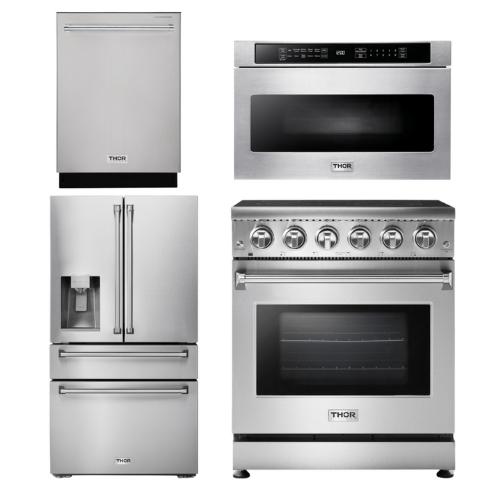 Thor Kitchen Appliance Package - 30 In. Electric Range, Microwave Drawer, Counter-Depth Refrigerator with Water and Ice Dispenser, Dishwasher, AP-HRE3001-12