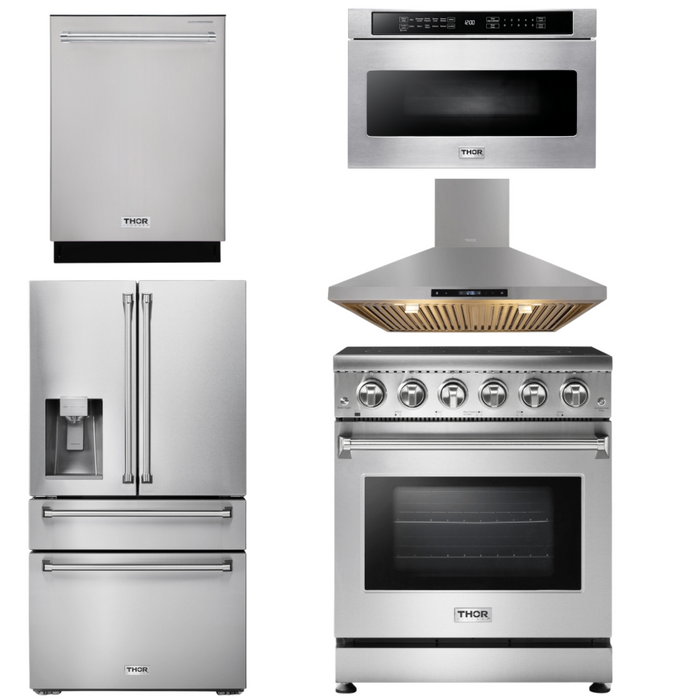 Thor Kitchen Appliance Package - 30 inch Electric Range, Range Hood, Microwave Drawer, Counter-Depth Refrigerator with Water and Ice Dispenser, Dishwasher, AP-HRE3001-13