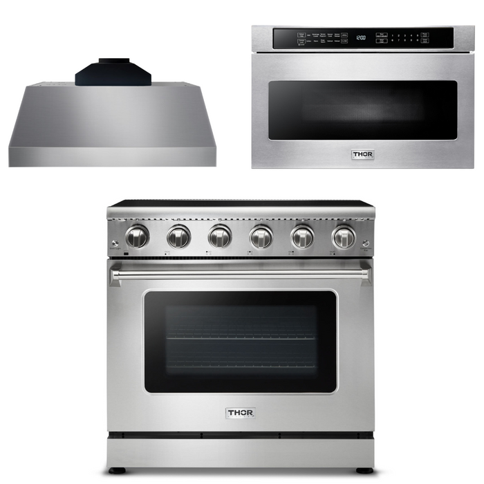 Thor Kitchen Appliance Package - 36 In. Electric Range, Range Hood, Microwave Drawer, AP-HRE3601-C-4