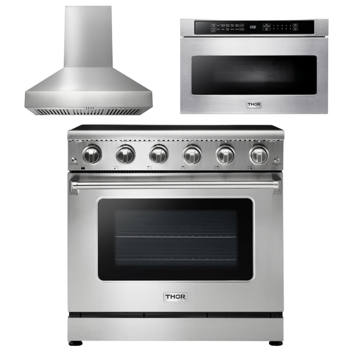 Thor Kitchen Appliance Package - 36 In. Electric Range, Range Hood, Microwave Drawer, AP-HRE3601-W-4