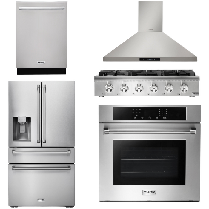 Thor Kitchen Appliance Package - 36 In. Gas Rangetop, Range Hood, Wall Oven, Refrigerator with Water and Ice Dispenser, Dishwasher, AP-HRT3618U-6