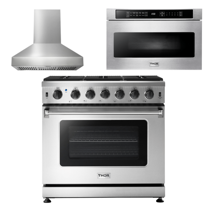 Thor Kitchen Appliance Package - 36 In. Propane Gas Range, Range Hood, Microwave Drawer, AP-LRG3601ULP-W-4