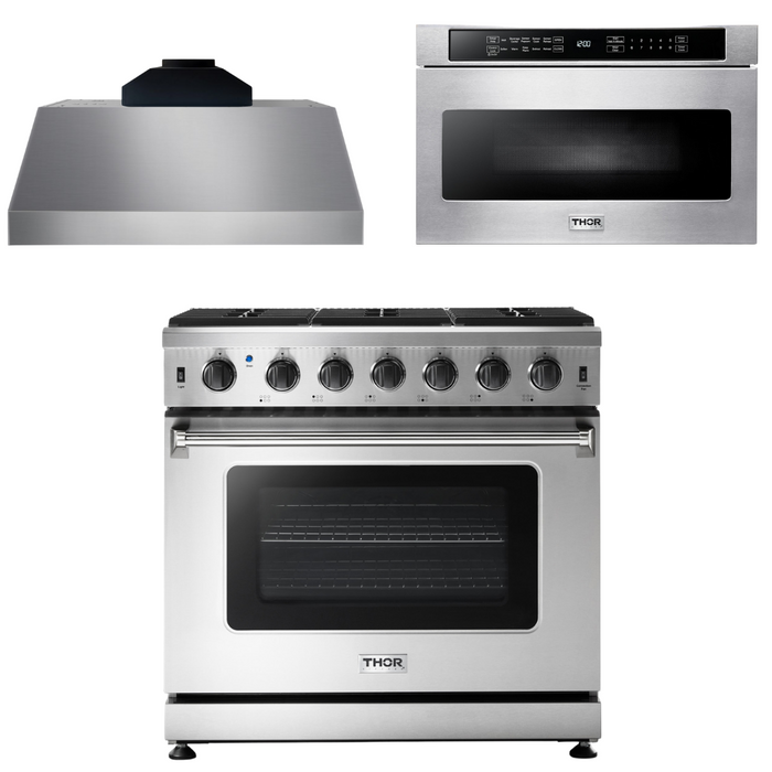 Thor Kitchen Appliance Package - 36 In. Propane Gas Range, Range Hood, Microwave Drawer, AP-LRG3601ULP-C-4