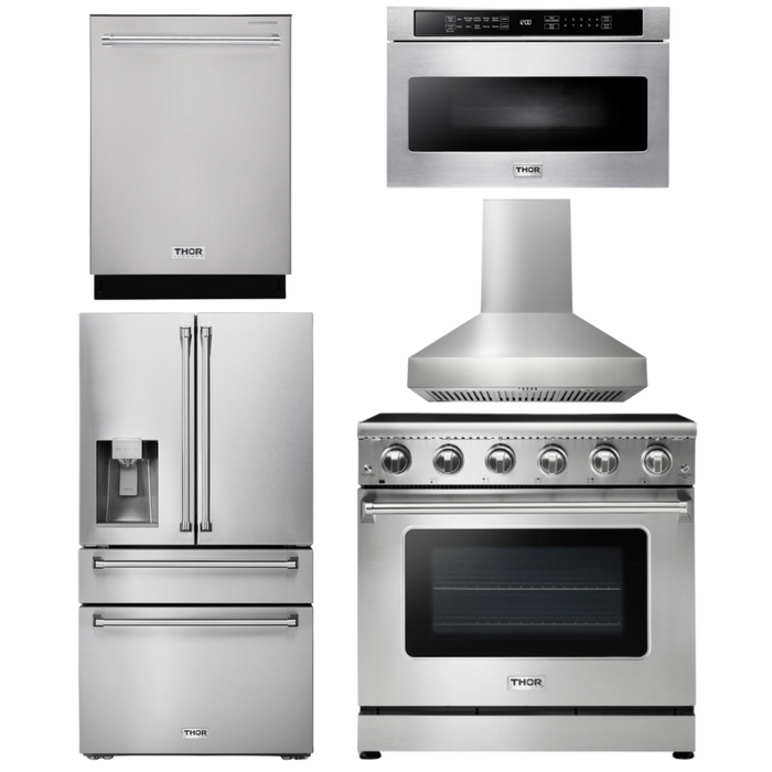 Thor Kitchen Appliance Package - 36 in. Electric Range, Range Hood, Microwave Drawer, Refrigerator with Water and Ice Dispenser, Dishwasher, AP-HRE3601-W-9