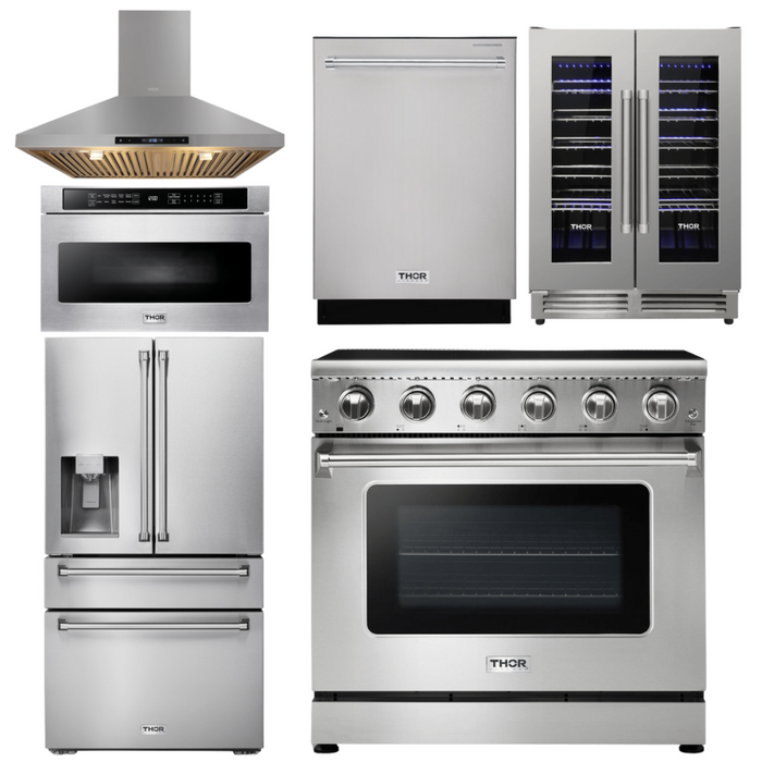 Thor Kitchen Appliance Package - 36 In. Electric Range, Range Hood, Microwave Drawer, Refrigerator with Water and Ice Dispenser, Dishwasher, Wine Cooler, AP-HRE3601-14