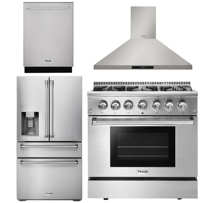 Thor Kitchen Appliance Set - 36 In. Gas Burner/Electric Oven Range, Range Hood, Dishwasher. Refrigerator with Water and Ice Dispenser, AS-HRD3606U-10