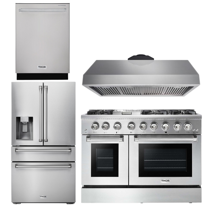 Thor Kitchen Appliance Package - 48 In. Propane Gas Burner, Electric Oven Range, Range Hood, Refrigerator with Water and Ice Dispenser, Dishwasher, AP-HRD4803ULP-10