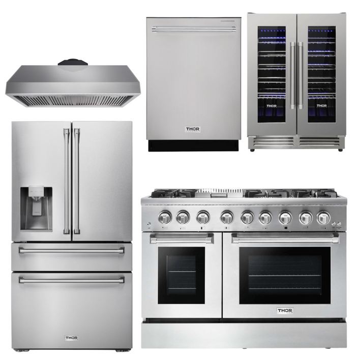 Thor Kitchen Appliance Package - 48 In. Propane Gas Burner, Electric Oven Range, Range Hood, Refrigerator with Water and Ice Dispenser, Dishwasher, Wine Cooler, AP-HRD4803ULP-11