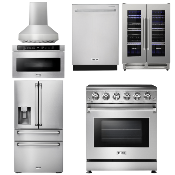 Thor Kitchen Appliance Package - 30 In. Electric Range, Range Hood, Microwave Drawer, Refrigerator, Dishwasher, Wine Cooler, AP-HRE3001-W-10